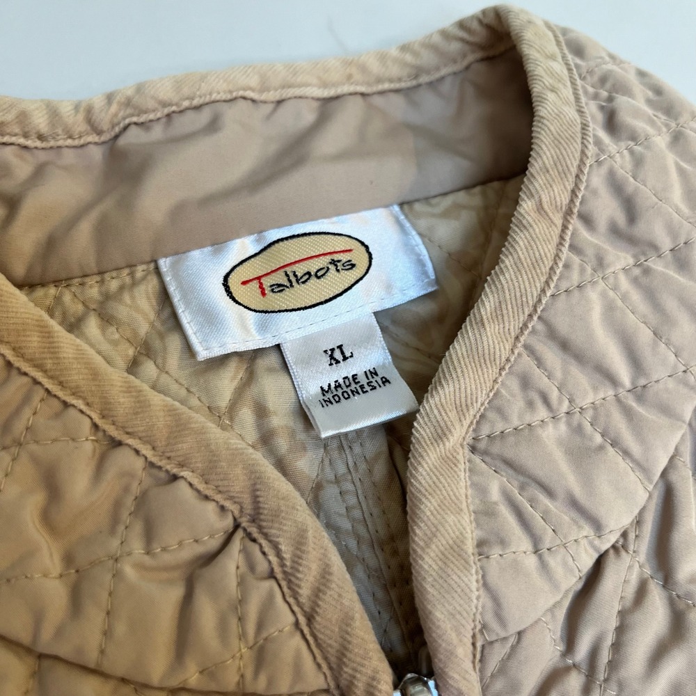 Talbots Womens XL Tan Quilted Zip Front Vest Corduroy Trim Mock Neck Beige - Picture 4 of 11